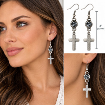 Charcoal gray crystal cross dangle earrings on a model.