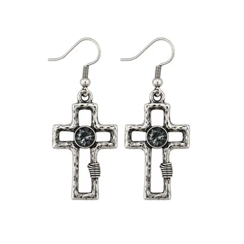 Pair of silver-plated open cross earrings featuring faceted dark gray charcoal crystals, textured silver finish, and decorative wire-wrapped accents.