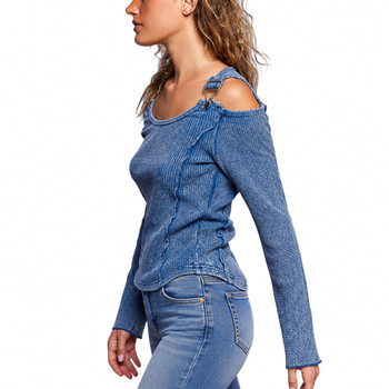 POL Clothing Cold Shoulder Buckle Long Sleeve Top – Washed Midnight Blue - side view