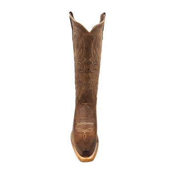 Front view of Circle G by Corral L8194 honey-brown leather cowboy boot, highlighting an embroidered shaft, decorative toe stitching, and a snip toe design.
