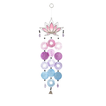 Pink lotus flower wind chime featuring cascading pink, purple, lavender and blue capiz shells, decorative beads and a small silver bell on a white background.