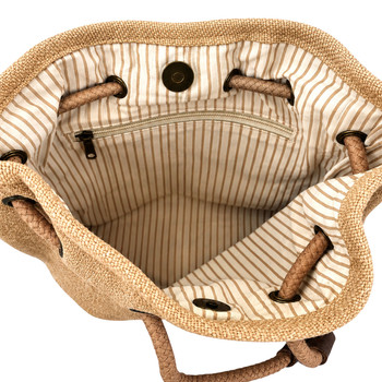 Interior view of the BATELA beige drawstring bucket purse featuring cream and beige striped fabric lining, an interior zippered pocket, antique brass-tone hardware, braided drawstring cords, and magnetic snap closure.
