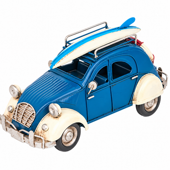 Angled overhead view of a vintage blue and cream VW Bug metal decorative car showcasing the roof-mounted surfboard, detailed metal luggage rack, classic rounded body, silver-tone accents, and retro beach-inspired design.