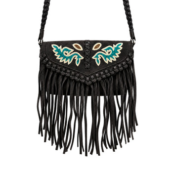Close-up front view of Wrangler brown leather fringe crossbody purse showcasing turquoise and cream embroidery, braided leather detailing, and long Western-style fringe.