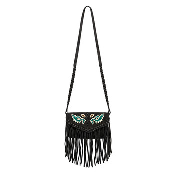 Wrangler brown leather embroidered fringe crossbody bag featuring turquoise and cream Western embroidery, braided leather strap, decorative flap, and long flowing fringe.