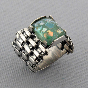 Rectangle Shaped Ancient Roman Glass Oxidized Woven Sterling Silver Ring Blue Gr