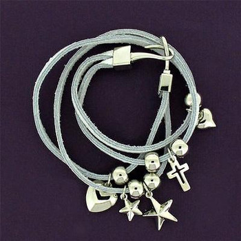 White Genuine Leather Wrap Charm Bracelet Wristband w/Dangle Cross Stars Hearts
