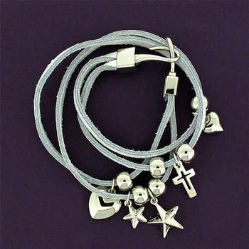 White Genuine Leather Wrap Charm Bracelet Wristband w/Dangle Cross Stars Hearts