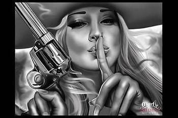 Queen of the West by Charlie Medina Tattoo Art Print Sexy Woman with Gun