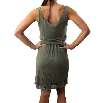 Back side olive stonewashed super soft tank dress with lace bottom.