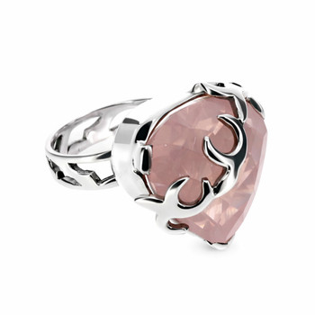Rose Quartz sterling silver statement ring size 9 side view. 