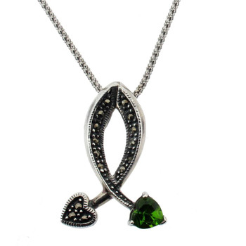 Marcasite pendant with green CZ heart.