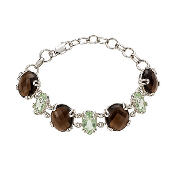 Green amethyst and smoky quartz sterling silver bracelet featuring alternating faceted gemstones and polished silver links.