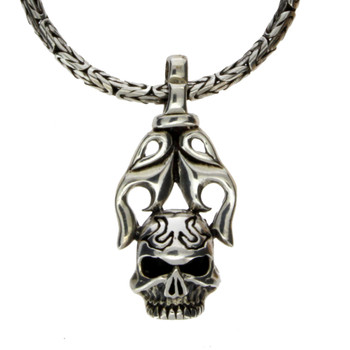 Sterling Silver Skull Pendant with Tribal Flames Detail