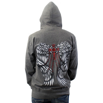 Lightweight gray hoodie with cross and wings.
