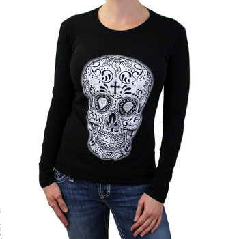 Women's Day of the Dead Skull Black Long Sleeve Shirt