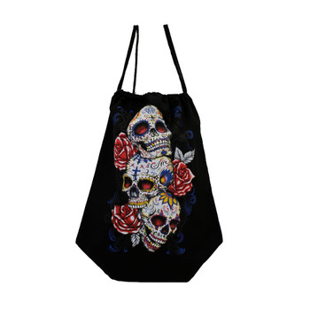 Three Day of the Dead skulls and roses backpack sack. Three Day of the Dead skulls and roses backpack sack.