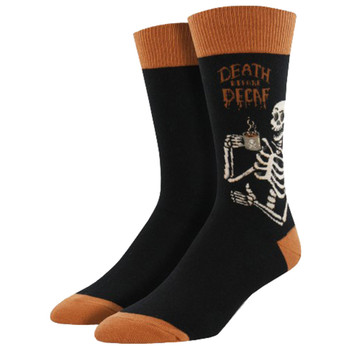 Men's Crew Socks Death Before Decaf Coffee Drinking Skeleton Skull Black