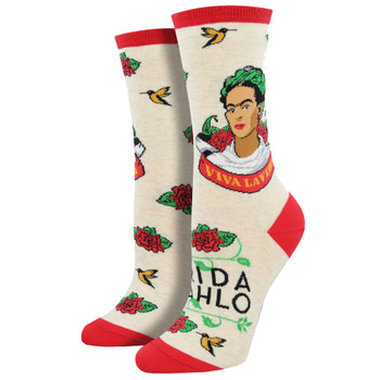 Women's Crew Socks Viva La Frida Kahlo Heather Ivory