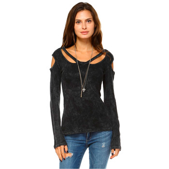 Black Women's Mineral Washed Long Sleeve Shirt with Cold Shoulder Detail Black Women's Mineral Washed Long Sleeve Shirt with Cold Shoulder Detail