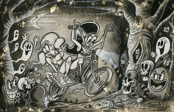 Bad Neighborhood by Shawn Dickinson Canvas Giclee Tattoo Art Print Spooky Cartoony Skulls
