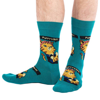 Men's Crew Socks Rosie the Riveter Kitty Cats Teal Green Men's Crew Socks Rosie the Riveter Kitty Cats Teal Green