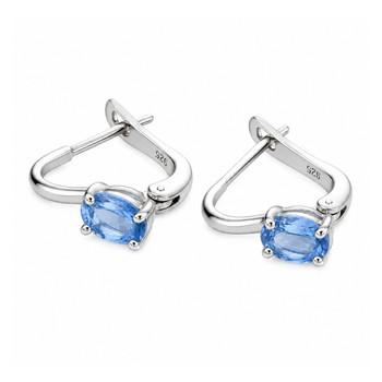 Blue Topaz sterling silver hoop earrings side view. 