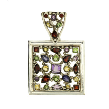 Large Multi Stone Faceted Square Pendant Sterling Silver Jewelry
