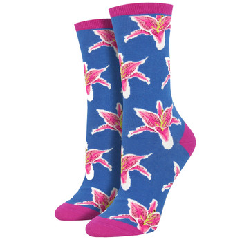 Women's Crew Socks Lilies Flowers Floral Footwear Blue