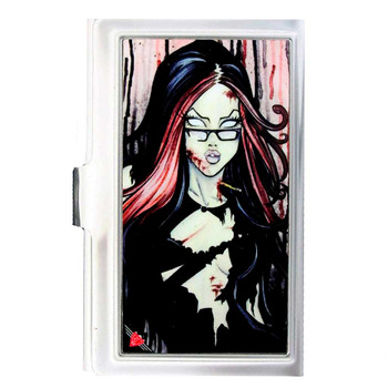 ID Case Sexy Ink Girl Librarian Business Card Holder Silver Metal