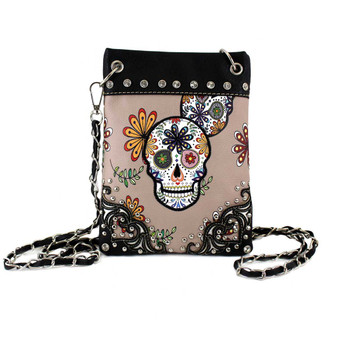 Taupe Day of the Dead Crossbody Purse with Rhinestones