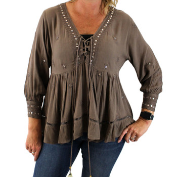 Taupe brown bohemian blouse top front view.  