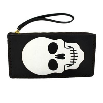 White Skull on Black Wristlet Wallet 