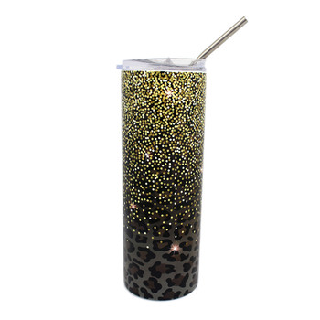 Brown leopard and glitter print stainless steel tumbler. 