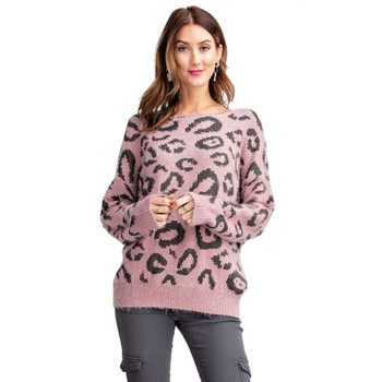 Mauve Leopard Animal Print Pullover Sweater front view Mauve Leopard Animal Print Pullover Sweater front view