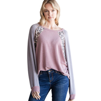 Hopely Mauve Leopard Print Colorblock Long Sleeve Top