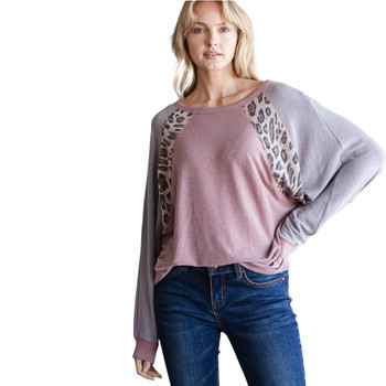 Hopely Mauve Leopard Print Colorblock Long Sleeve Top sleeve view