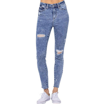 Judy Blue Hi-Rise Skinny Acid Wash Destroyed Hem Jeans