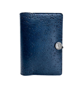 Moon stars blue leather handmade journal.  