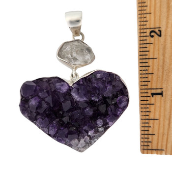 Size of large Druzy Amethyst heart with Herkimer Diamond silver pendant. 