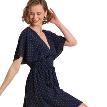 umgee Navy Blue Swiss Dot Smocked Waist Short Dress side view