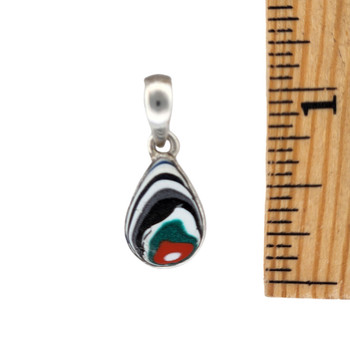 Size of small teardrop-shaped blue, green, red and white Fordite silver pendant. 