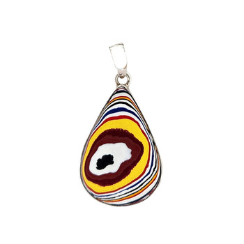 Large white, red and yellow Fordite silver pendant. 