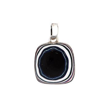 Square blue and white colorful Fordite silver pendant. 