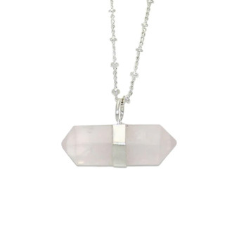 Rose Quartz crystal point pendant on silver-plated chain. 