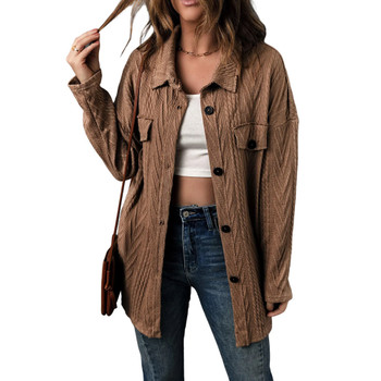 Tan brown oversized textured knit button front shacket. 
