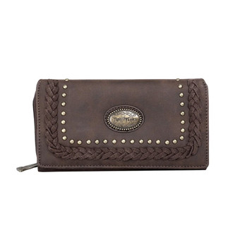 Trinity Ranch coffee brown tri-fold faux leather wallet. 