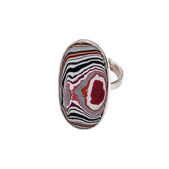Front view of large oval Fordite adjustable sterling silver ring.
