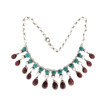 Turquoise, Pearl and raw Ruby sterling silver necklace. 