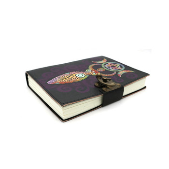 Side view of celestial goddess leather blank journal. 